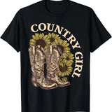 [100% Cotton]Country Girl Sunflower Boots Western Countryside Life T-Shirt