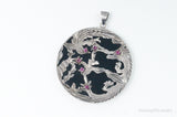 Vintage Large Ruby Black Onyx Etched Birds In Nature Sterling Silver Pendant