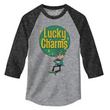 Lucky Charms Retro Logo 3/4 Sleeve Raglan Jersey T-Shirt - Gray and Black