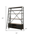 83" Dark Gray Metal and Wood Five Tier Oversized Set Bookcase with Four Drawers