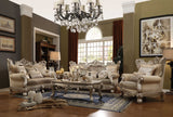 70" Tan And Gold Polyester Blend Curved Loveseat and Toss Pillows