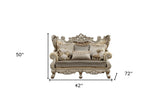 72" Cream And Platinum Polyester Blend Damask Chesterfield Loveseat and Toss Pillows