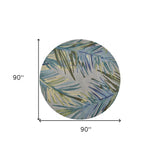 8' Ivory Teal Hand Tufted Tropical Leaves Round Indoor Area Rug