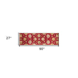 2' X 7' Red Floral Vines Bordered Wool Runner Rug