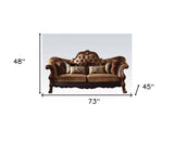 73" Dark Brown And Brown Velvet Chesterfield Loveseat and Toss Pillows