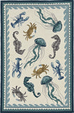 3'X5' Ivory Teal Hand Hooked Uv Treated Coastal Sea Life Indoor Outdoor Area Rug