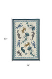 3'X5' Ivory Teal Hand Hooked Uv Treated Coastal Sea Life Indoor Outdoor Area Rug