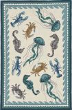 5' X 7' Ivory Or Teal Sea Creatures Indoor Outdoor Area Rug