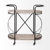 Cyclider Black Metal With Two Wooden Shelves Bar Cart