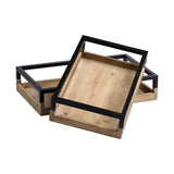 Set Of 2 Medium Brown Recycled Wood With Flaunt Metal Handles Trays
