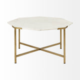 33" White And Gold Genuine Marble And Metal Hexagon Coffee Table