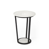 15" Round White Marble Top Accent Table With Black Metal Frame