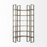 90" Brown Nickel and Solid Wood Curved Six Tier Corner Bookcase