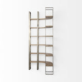 90" Brown Nickel and Solid Wood Curved Six Tier Corner Bookcase