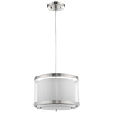Lux 1-Light Brushed Nickel Pendant With Metal Trimmed Sheer Snow Shantung Two Tier Shade