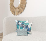 Set Of Three 19" X 19" Blue And White Zippered Floral Throw Indoor Outdoor Pillow Cover