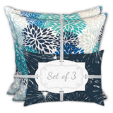 Set Of Three 19" X 19" Blue And White Zippered Floral Throw Indoor Outdoor Pillow Cover