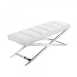 47" White and Silver Upholstered Faux Leather Dining Bench