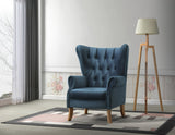 28" Dark Blue Chenille And Black Trellis Slipper Chair