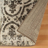 8' Ivory Light Blue Damask Distressed Stain Resistant Runner Rug