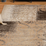 5' X 8' Beige Gray And Black Damask Distressed Stain Resistant Area Rug