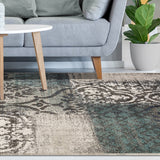 5' X 8' Teal And Gray Damask Distressed Stain Resistant Area Rug