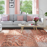7' X 9' Navy And Salmon Damask Distressed Stain Resistant Area Rug