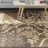 8' X 10' Ivory Light Blue Damask Distressed Stain Resistant Area Rug