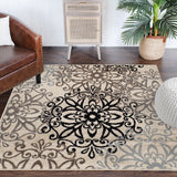 5' Round Tan Gray And Black Round Floral Medallion Stain Resistant Area Rug