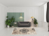 7' X 9' Tan Gray And Black Floral Medallion Stain Resistant Area Rug