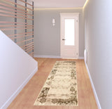 8' Beige Damask Power Loom Distressed Stain Resistant Runner Rug