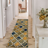 8' Green Quatrefoil Power Loom Distressed Stain Resistant Runner Rug