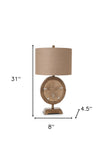 31" Brown Table Lamp With Tan Drum Shade