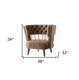 38" Dark Beige Velvet And Gold Exposed Back Accent Chair