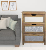 30" Rustic Brown Wood and Galvanized Metal End Table With Three Drawers