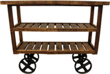 48" Brown and Black Solid Wood Distressed Wheel Console Table With Storage
