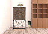 33" Brown Solid Wood Two Door Carved Wine Cabinet