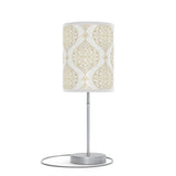 20" Silver Table Lamp With Gold And White Filigree Scroll Cylinder Shade
