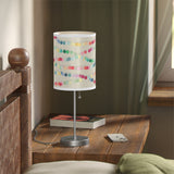 20" Silver Table Lamp With Gold And White Filigree Scroll Cylinder Shade