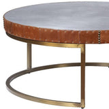 36" Brown And Silver Leather And Metal Round Coffee Table