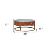 32" Cocoa And Silver Aluminum Round Coffee Table With Drawer