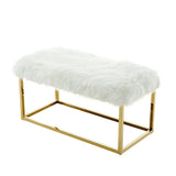 40" White And Gold Upholstered Faux Fur Bench