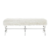 48" Cream And Clear Upholstered Faux Fur Bench