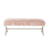 48" Rose And Silver Upholstered Faux Fur Bench