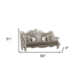 90" Vintage Gray Faux Leather And Bone Sofa With Seven Toss Pillows