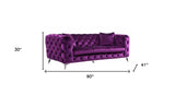90" Purple And Silver Velvet Sofa