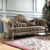 96" Bone Polyurethane, Velvet And Gold Sofa With Seven Toss Pillows