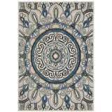 10' x 13' Blue and Beige Geometric Stain Resistant Indoor Outdoor Area Rug
