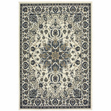 8' x 11' Ivory and Blue Oriental Stain Resistant Indoor Outdoor Area Rug