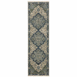 2' X 8' Blue And Beige Oriental Power Loom Runner Rug With Fringe